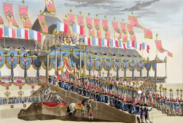 Fiesta sagrada y coronación de Sus Majestades Imperiales, vista de las decoraciones frente a la École Militaire junto al Champ de Mars, grabado por François Aubertin (1783-1821), publicado en 1806